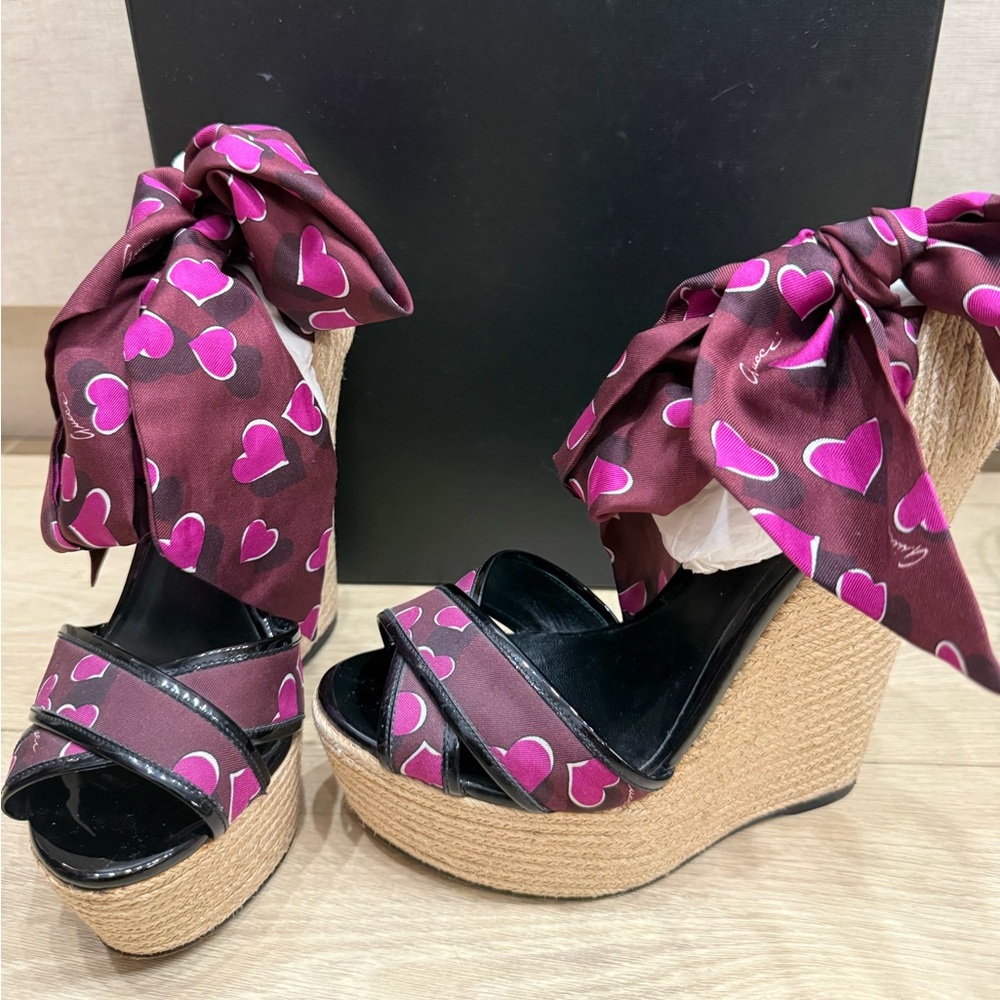 Gucci Wedge Sandals Satin Ribbon Strap Size 37.5